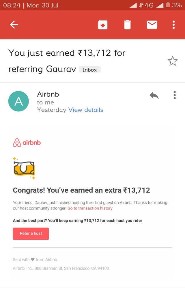 Air bnb referral program: Screenshot of an email from Airbnb confirming rewards earned for referring a friend 