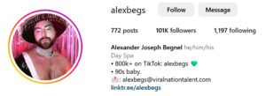 Screenshot of LGBTQ+ influencer Alex Begnel's Instagram Profile
