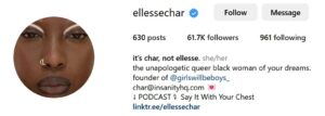 Screenshot of LGBTQ+ influencer Ellesse Char's Instagram Profile