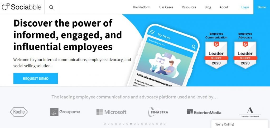 Employee advocacy platforms – Screenshot of the Sociabble Homepage 