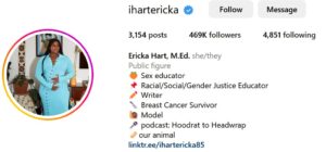 Screenshot of LGBTQ+ influencer Erika Hart's Instagram Profile