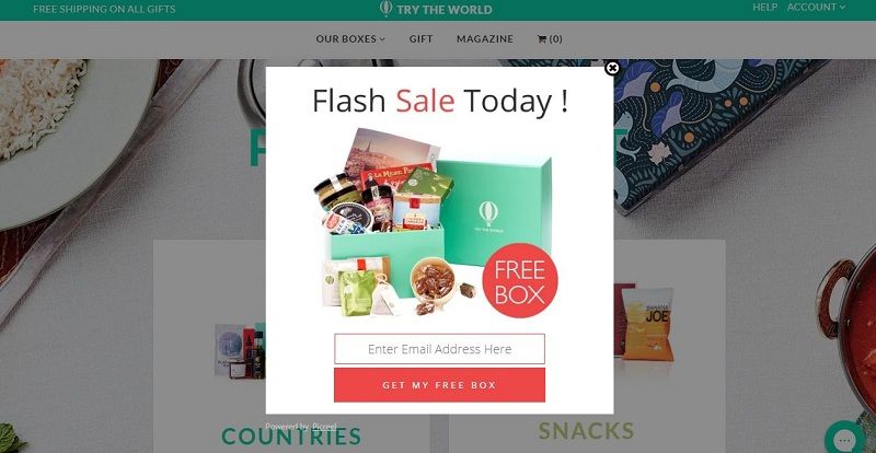 Image of a pop-up ad that says "Flash Sale Today" and "Enter your email and get a free box of goodies with your purchase"