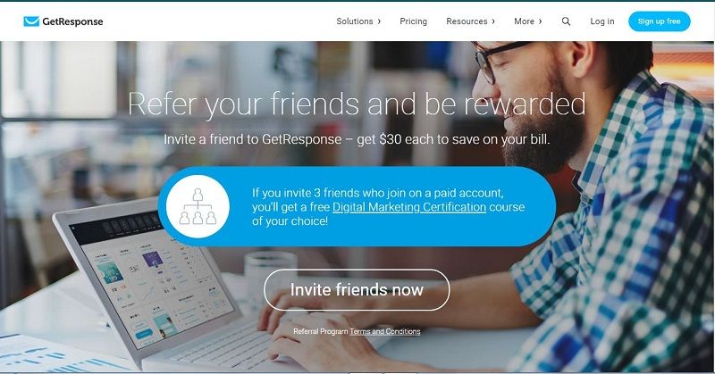 Picture Of Getresponse Referral Program: "if you invite 3 friends who join on a paid account you'll get a free Digital Marketing Certification Course of your choice"