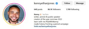 Screenshot of LGBTQ+ influencer Kenny Jones' Instagram Profile