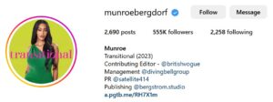 Screenshot of LGBTQ+ influencer Munroe Bergdorf's Instagram Profile