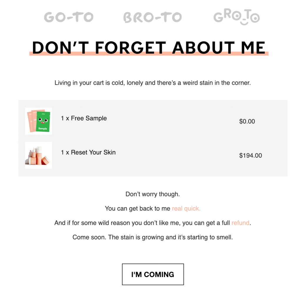 Trigger marketing - example of an abandoned cart email reminder  