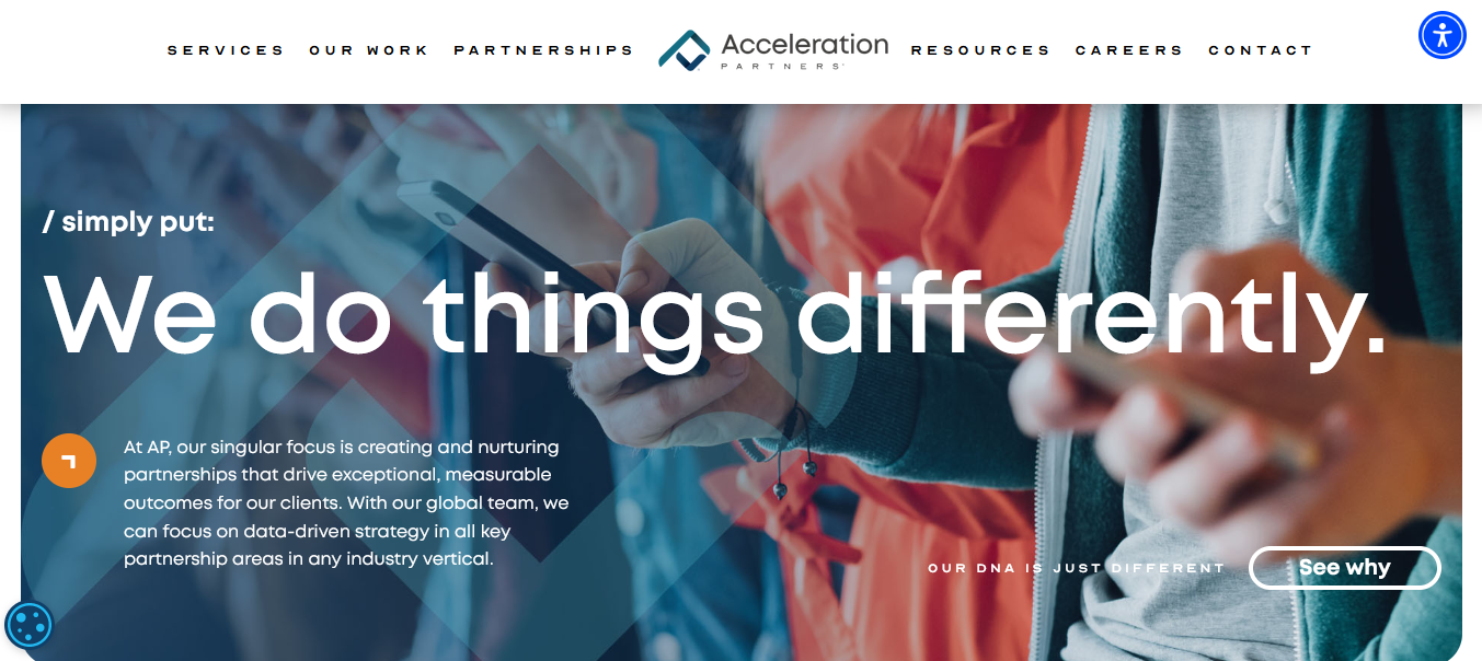 Screenshot of the Acceleration Partners Agency's homepage. The text on the homepage image says "Simply put, we do things differently"