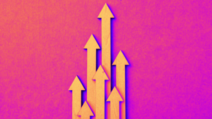Affiliate Marketing Trends Feature Image: Concept image of a group of yellow arrows pointing up at different heights on an electric purple background