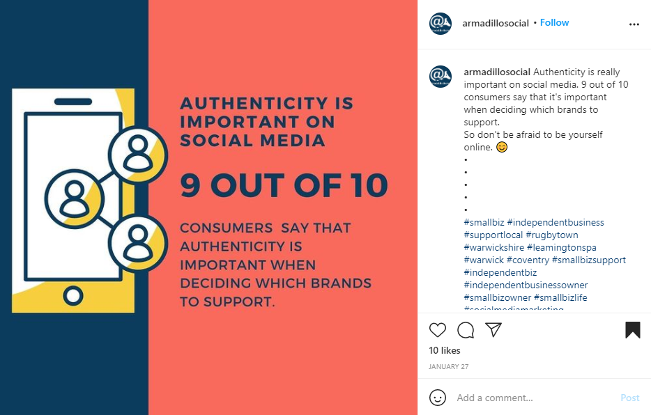 Instagram screenshot for employee advocacy stats "9 out of 10 consumers say that authenticity is important"