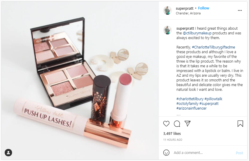Influencer Reviews - Screenshot of a #charlottetilburygiftedme post showing make up gifted to a micro influencer by Charlotte Tilbury 