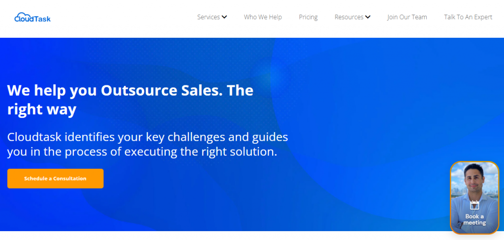 Screenshot of the CloudTask Outsourced sales team homepage 