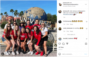 Coca Cola Campus Ambassadors on Instagram - Image of a post showing a group of college kids wearing coca cola gear outside Universal Studios
