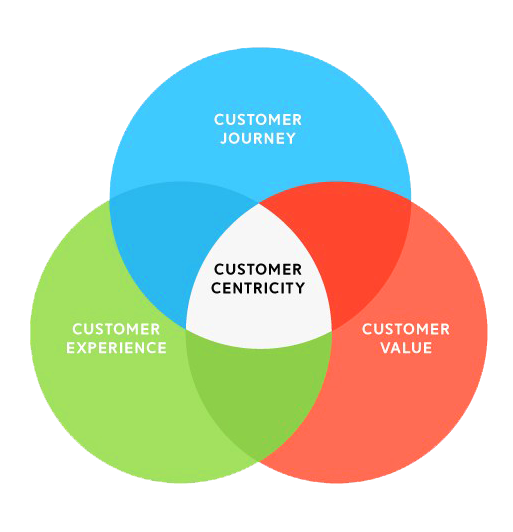 Customer-centric Strategy graphic illustrating the overlap between 'customer experience', 'customer value' and 'customer journey' with 'customer centricity' in the center. 