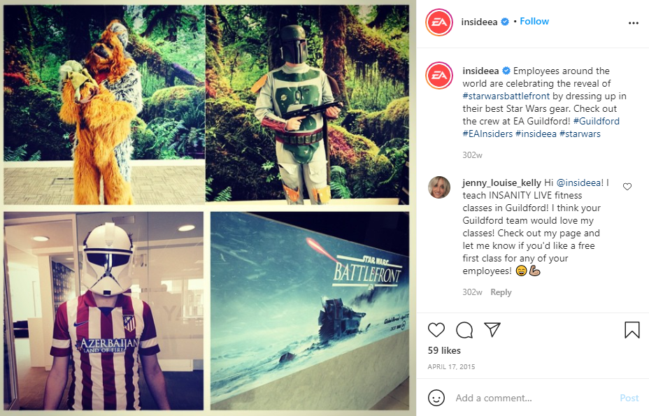 Screenshot of a post from EA Games' Employee Advocacy Program 