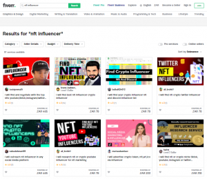 Screenshot of the results for a search of NFT Influencers on Fiverr