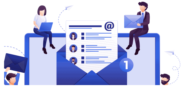 Illustration of two people sitting on the edge of a laptop screen with an open envelope of mail on the screen. Image is from LeadDyno affiliate management  software.