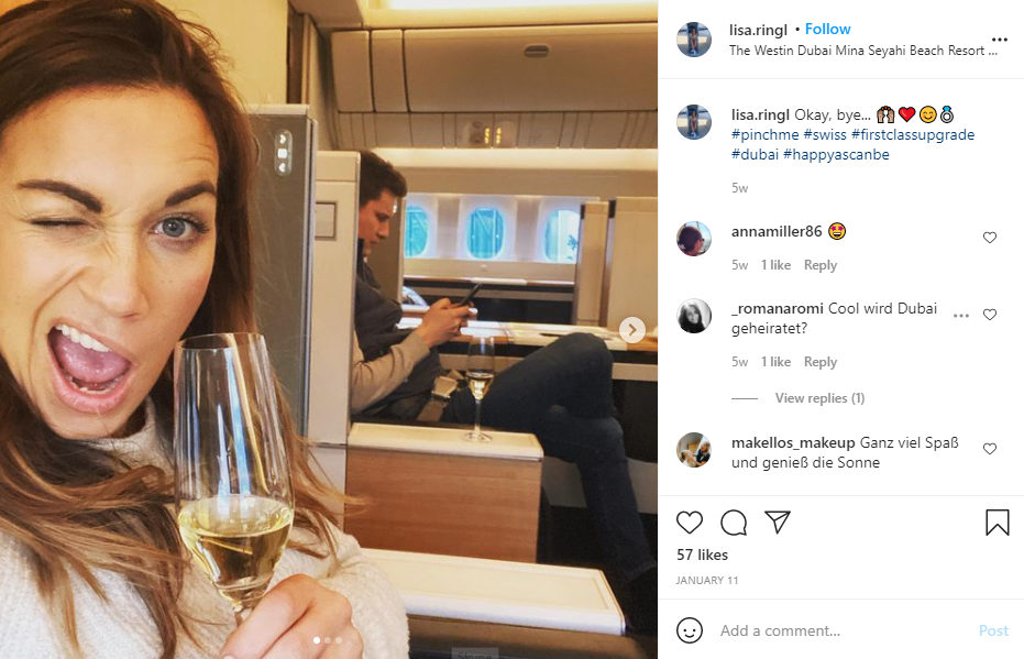 Customer Appreciation - Instagram screenshot of a happy woman who had her ticket upgraded to first class 