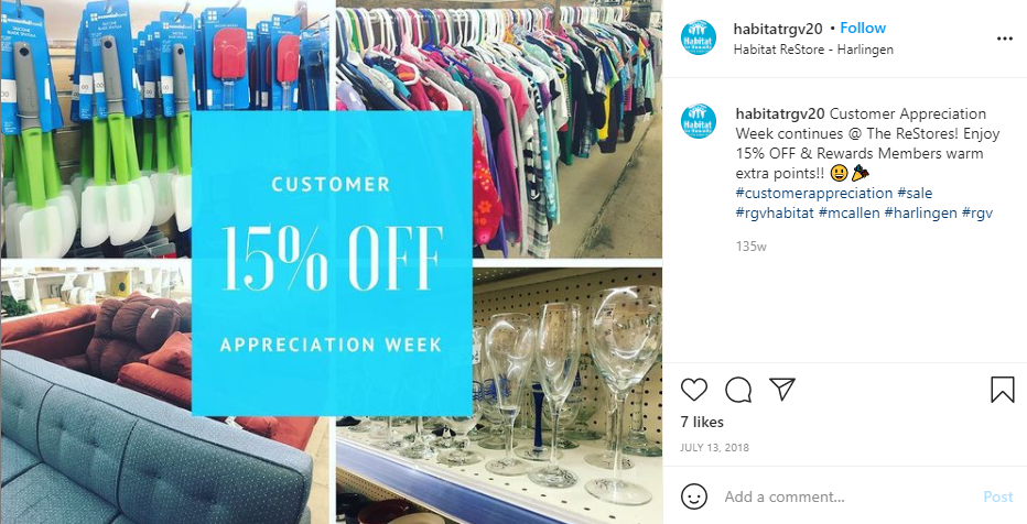 Screenshot of the Instagram post for the Customer appreciation week sale by habitat for humanity store in rio valley 
