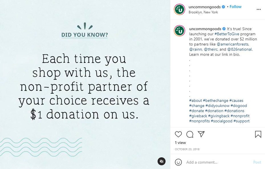 Customer appreciation - screenshot of uncommon goods post stating that they donate 1 US Dollar for every purchase 
