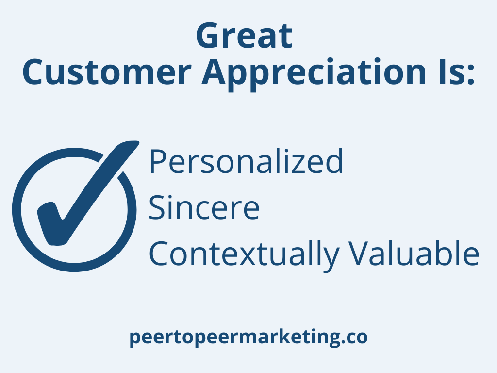 Text says "great customer appreciation is personalized, sincere, contextually valuable"