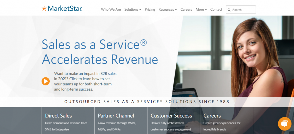Outsourced sales team - screenshot of the MarketStar homepage