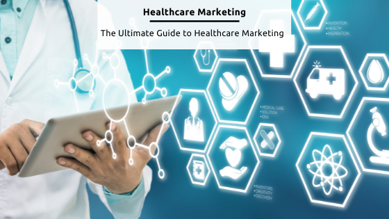 Healthcare Marketing - Stock image from Canva of a Dr in a white coat, with a stethoscope around his neck, holding a tablet with medical icons
