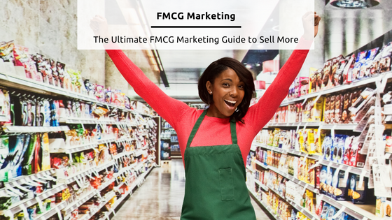 FMCG Marketing Guide - Stock Feature Image from Canva of a woman standing in a supermarket aisle with her hands raised in elation and a huge smile on her face