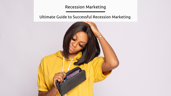Recession Marketing - stock image from Canva of a woman scratching her head and looking sadly ay her empty purse