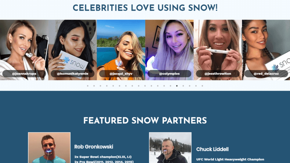 Influencer Reviews - Screenshot of the Snow Teeth Whitening online shop showing reviews from influencers 