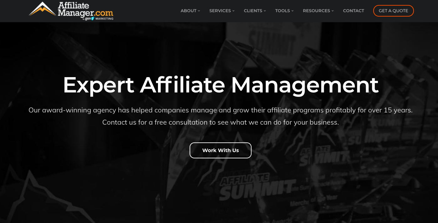 Screenshot of the Affiliate Manager homepage, which says "expert affiliate management"