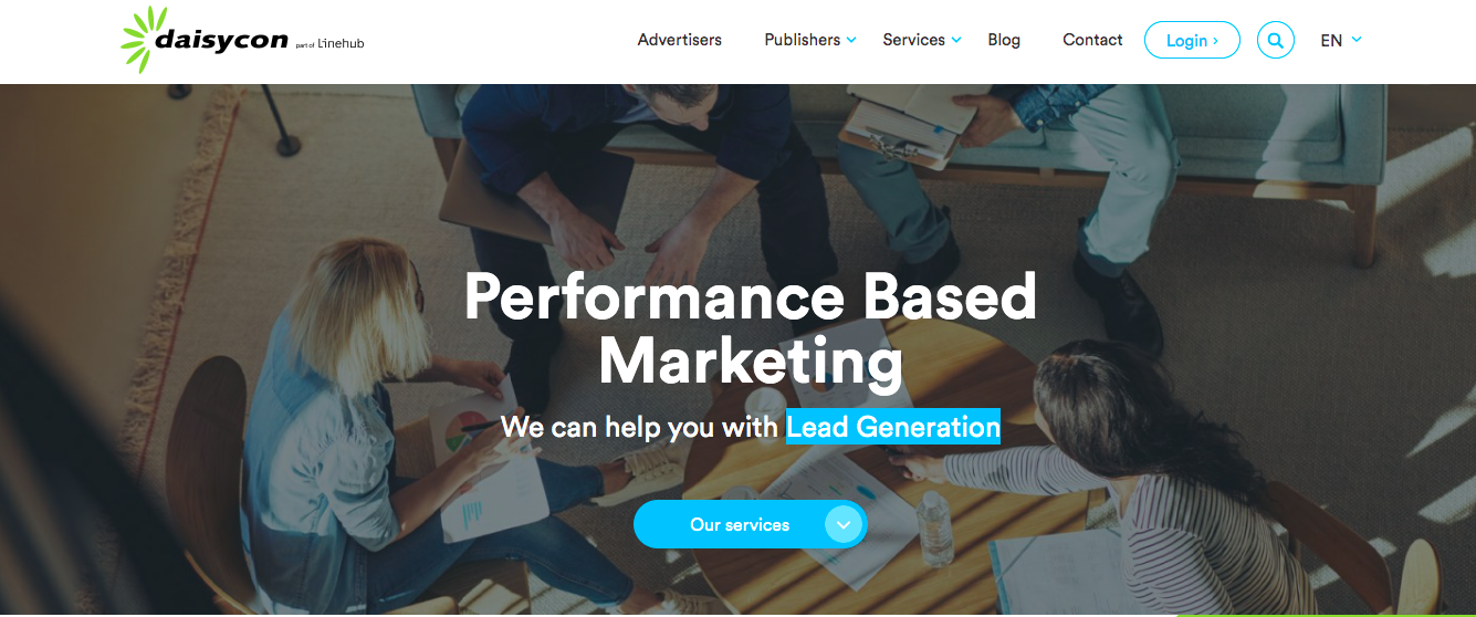 Screenshot of the Daisycon homepage, which says "performance based marketing"
