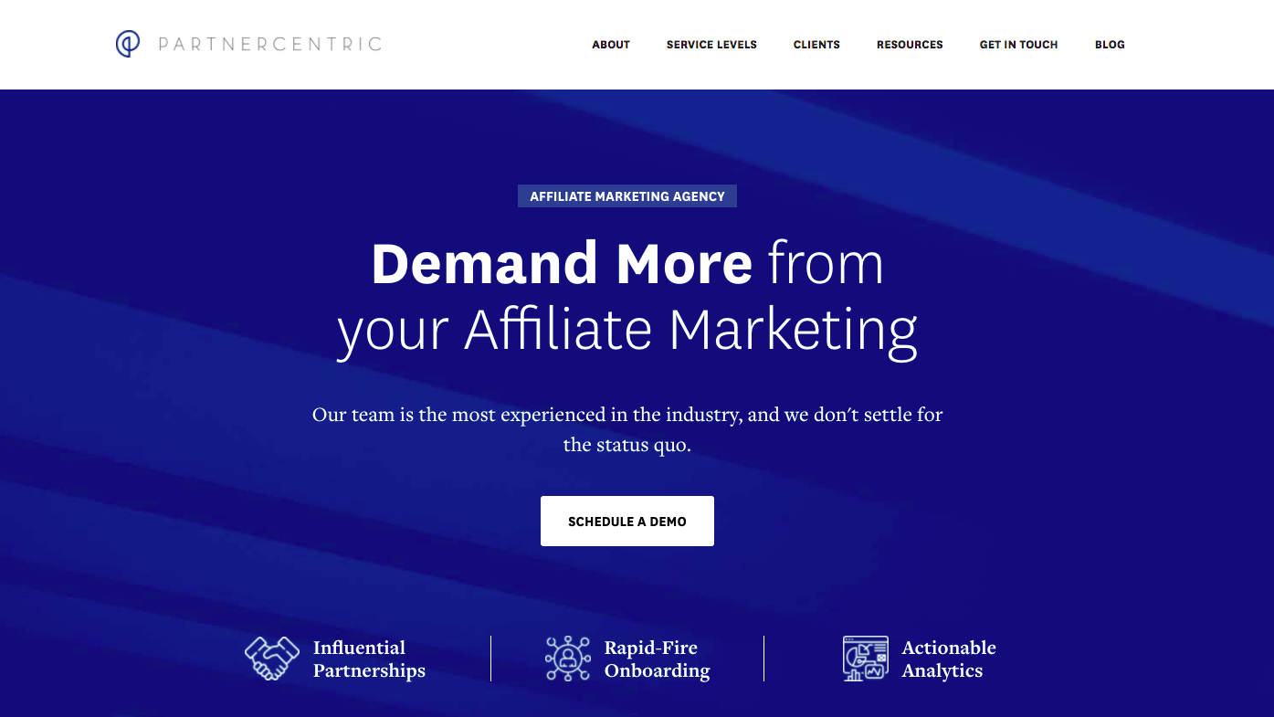 Screenshot of the PartnerCentric homepage, which says "demand more from your affiliate marketing"