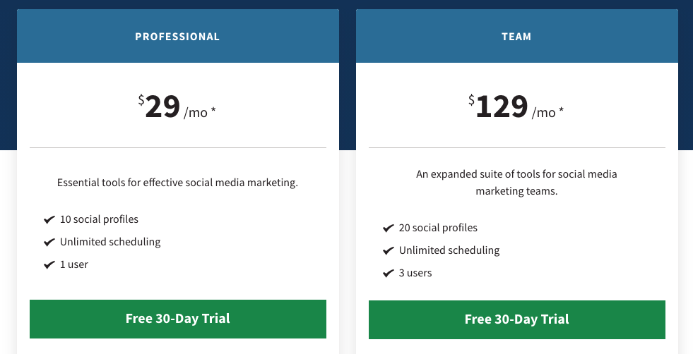 Hootsuite's pricing plan for a professional or a team, starting from $29.
