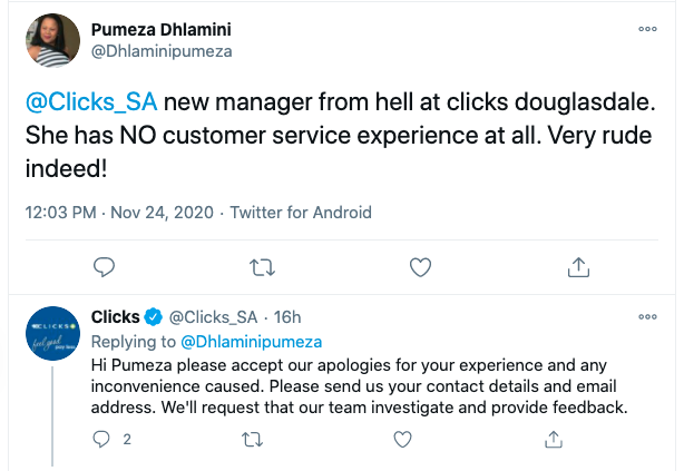 An apology tweet reply from the business Clicks to a customer who complained about a bad manager. 