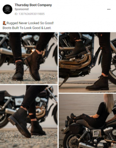 Retail Marketing Strategy - Screenshot of one of Thursday Boots' Facebook Ads featuring an attractive woman and a vintage motorcycle 