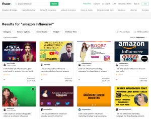 Screenshot of the Fiverr search results for "Amazon Influencers"