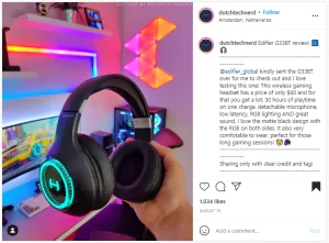 Pre-launch marketing - Influencer Reviews - Screen shot if an Instagram post reviewing new gaming headphones 