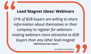 Image text says: Lead Magnet Ideas: Webinars 51% of B2B buyers are willing to share information about themselves or their company to register for webinars - making webinars more attractive to B2B buyers than any other lead magnet ~2020 Demand Gen Report