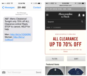 Mobile Marketing Strategy - Example of a a text message with a link to a sale and a screenshot of where the link went to - a 70% off Abercrombie and Fitch Sale