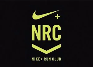 Nike swoosh logo+ NRC Logo, with "Nike + Run Club" written in yellow on a black background