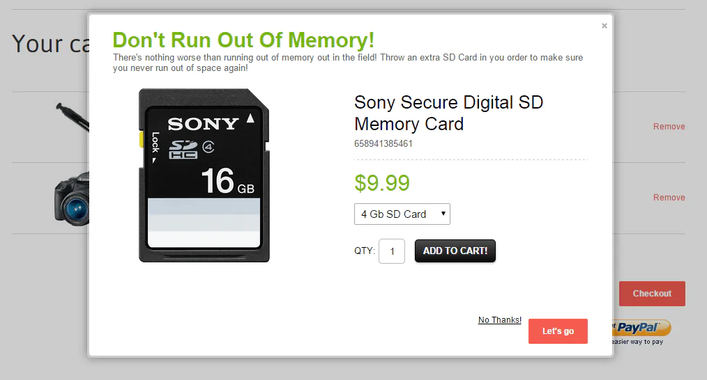Shopify Pop-Up Ad for a Sony digital SD card, with the option to 'add to cart' or 'no thanks'