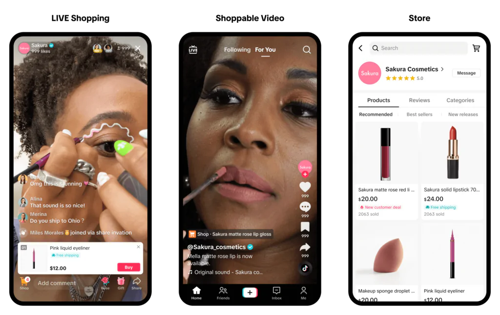 Image series of a phone screen showing a product demo on TikTok with the link for live shopping, and the product price, then an image of the storefront you would see if you clicked the live shopping pop-up, with various products from the same seller.