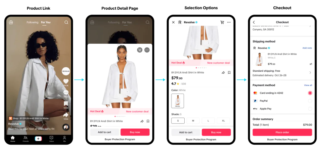 Image series of a phone screen showing a TikTok video with the link to a product page for the jacket worn in the video. Second image is of the product details pop-up, third image is of the product selection options for sizing etc. fourth image is of the purchase checkout page. 
